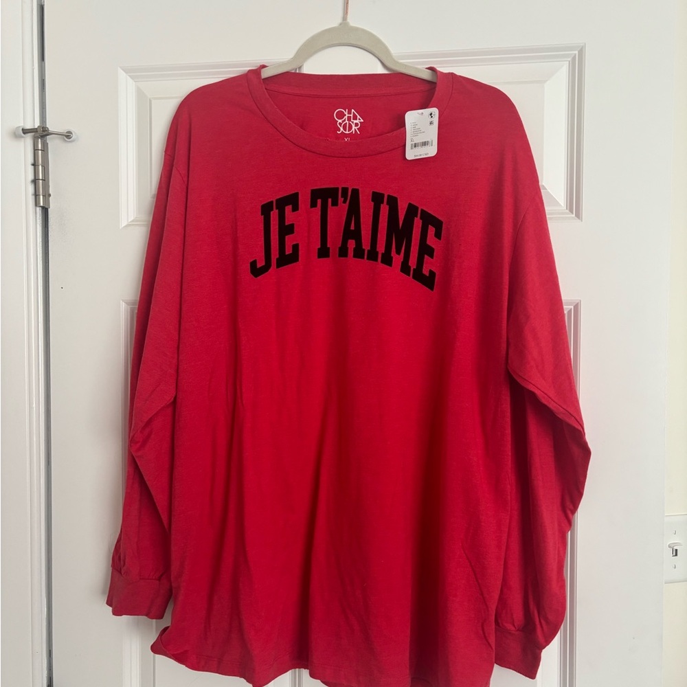 NWT Free People Red Long Sleeve T-Shirt Tee JE T’AIME Valentine’s Day XL